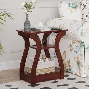FROMJBEST End Tables Living Room, Cherry End Table with Charging Station, Nightstand for Bedroom, 3 Tier End Table with Storage Shelf for Living Room(Cherry)
