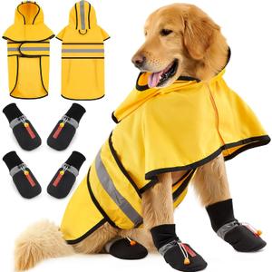 Dog Raincoat and Shoes for Weighing 35-50lbs, Spring Summer Waterproof Dogs Boots & Paw Protectors, Adjustable Pet Poncho with Leash Hole for Large Medium Small Dogs, Yellow(Single Side) L