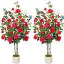 4FT Fake Rose Tree 2 Pack, Realistic Artificial Camellia Plant in Pot with 24 Detachable Butterflies Fake Flower Trees for Home Office Living Room Front Porch Indoor Outdoor Decor (Greenpink)