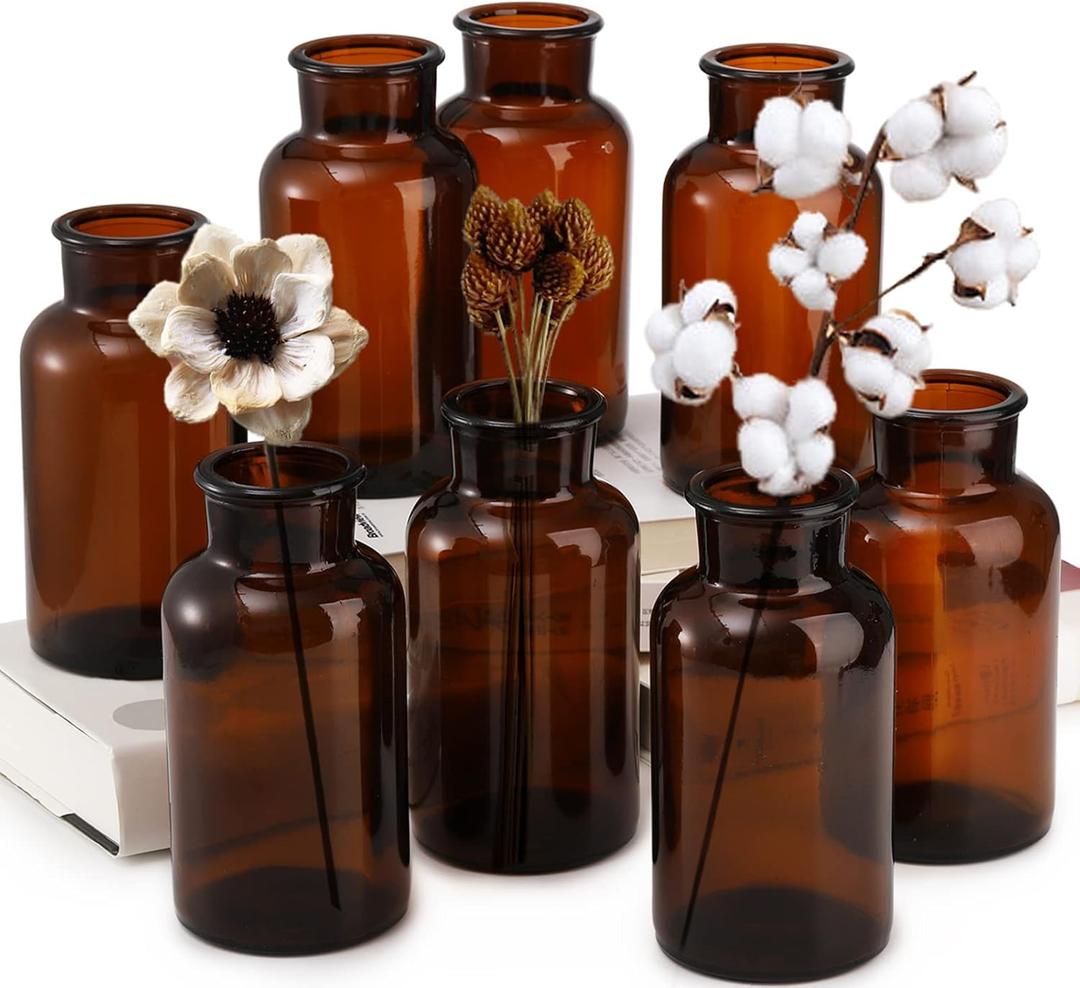 TOPZEA Set of 8 Amber Glass Vase, 17oz Boho Flower Vase Bud Vases Decorative Brown Medicine Glass Bottles Vintage Small Apothecary Jars for Home Dcor, Dining Table, Wedding Centerpiece, Bridal Shower (500ml / 17 ounce)