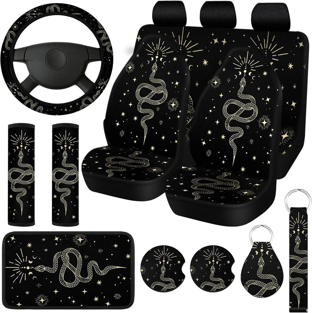 Riakrum 15 Pcs Boho Celestial Snake Seat Covers Full Set Thick Car Front and Back Steering Wheel Cover Seatbelt Strap Armrest Pads Cup Mat Wrist Strap Key Chains for Auto Truck