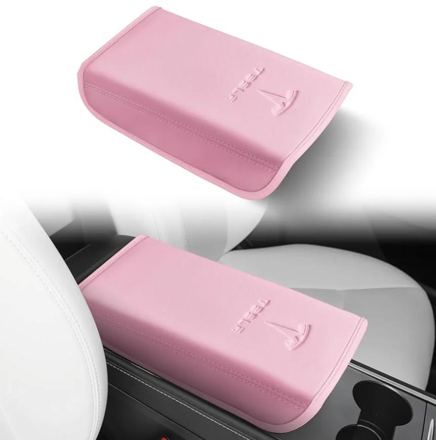 Center Console Leather Armrest Cover Designed for Tesla Model 3 2017-2023/Model Y 2020-2025,Center Console Accessories for Tesla Model 3/Y Interior Light Pink