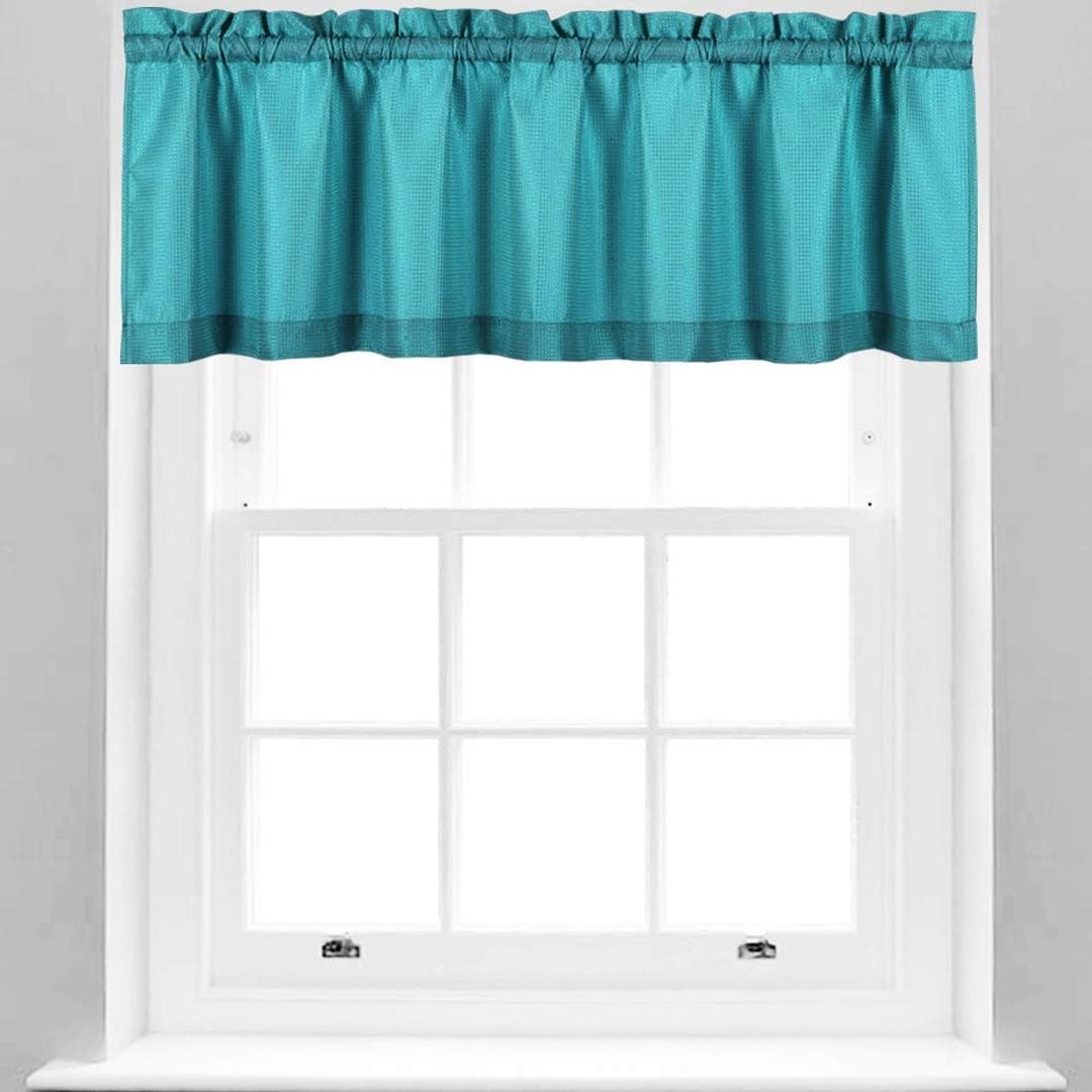 Valea Home Water Repellent Valance for Bathroom Window Waffle Woven Textured Short Kitchen Curtain Valances, Turquoise, 60 x16 inches, 1 Panel