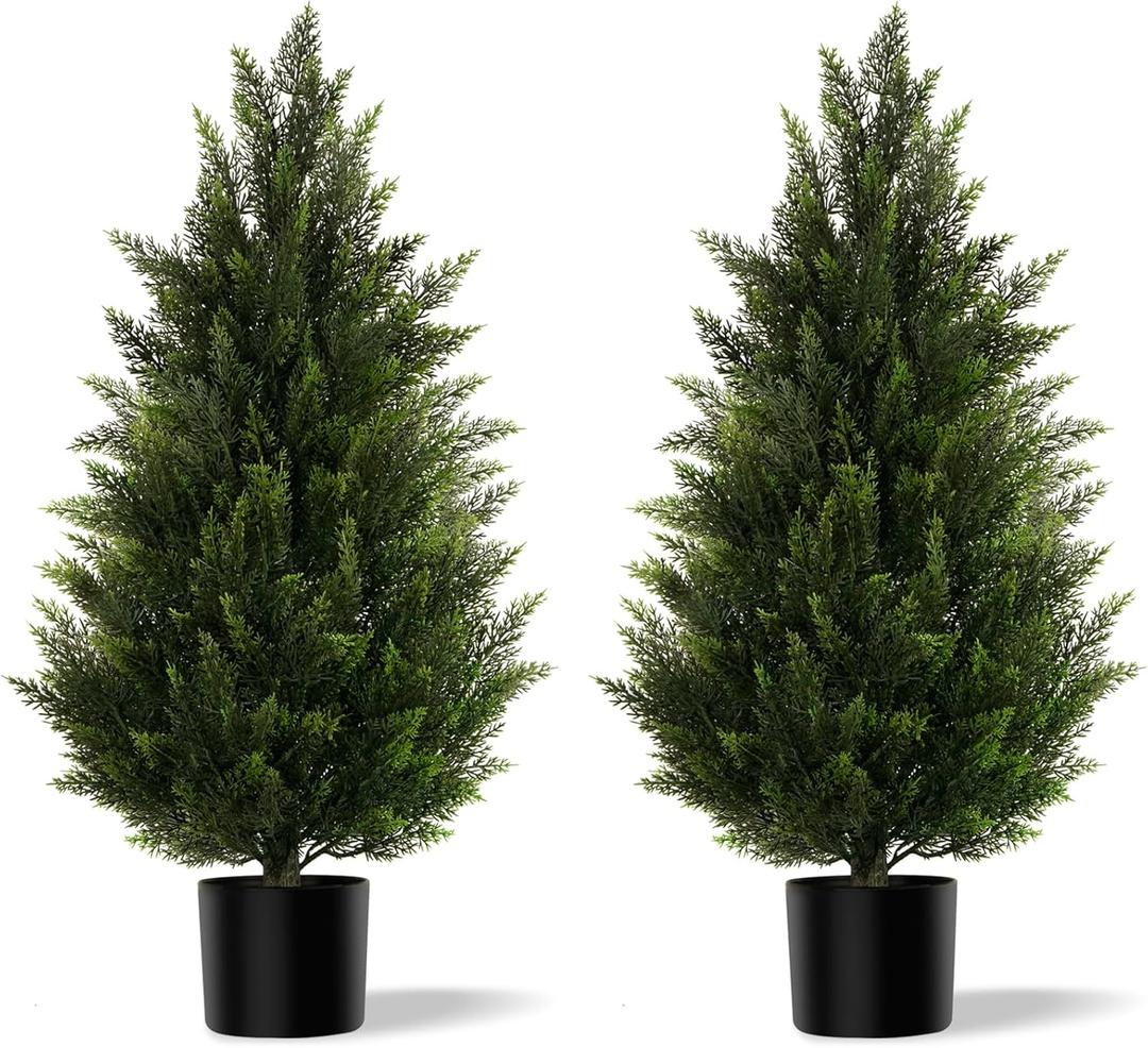 Artificial Topiary Cedar Trees 3FT Tall 2 Set, Outdoor Indoor Faux Pine Shrubs Plants, Realistic Fake Plants Front Porch Decor, Artificial Bushes Cypress for Home Front Door Offices