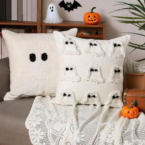 2 Pcs Halloween Pillow Covers 18x18 Inch White Ghost Throw Pillow Cases, Halloween Decorations Spooky Cushion Cover Gothic Couch Case for Holiday Fall Home Living Room Sofa Bed Indoor Outdoor