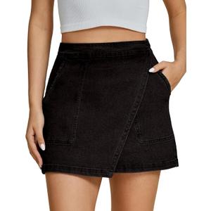 luvamia Jean Skirts for Women Denim Mini Trendy High Waisted Stretchy Asymmetrical Faux Wrap Short Skirt with Pockets (Large, Washed Black)