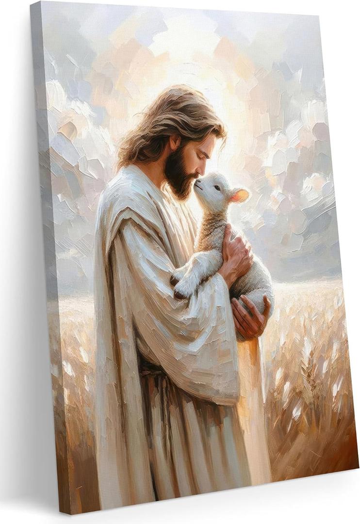 FWAHREN Christian Jesus and Lamb Canvas Wall Art, Good Shepherd Religious Painting Artwork, Framed Biblical pictures Poster Print Wall Decor for Church Prayer Room Home Office, Wrapped Canvas 16x24in