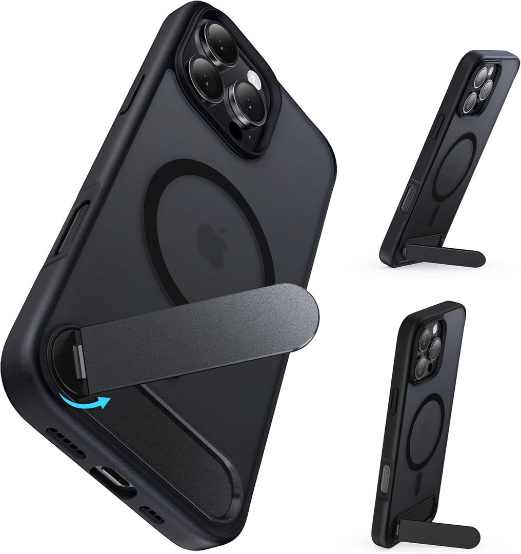 for iPhone 16 Pro 6.3-Inch with Magnetic Rotable Slim Kickstand Compatible with MagSafe Frosted Matte Shockproof Protective Phone Cover 6.3" 2024, Black