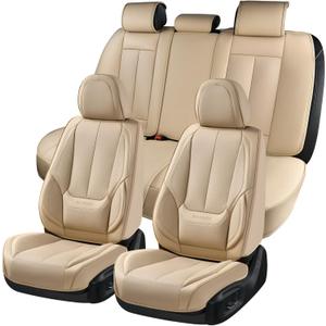 Coverado Car Seat Covers Full Set, Car Seat Protector Waterproof, Nappa Leather Car Seat Cushion, Beige Seat Covers for Cars, Front Seats and Back Universal Fit for Most Cars
