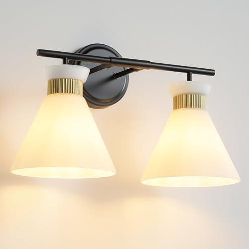 WOSHITU Bathroom Vanity Light Fixtures: 2-Lights Mid Century Modern Vanity Lights for Bathroom, Black and Gold Wall Sconce Lighting with Frosted Milky Glass for Over Mirror Bedroom Hallway