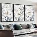 ASDCEUTICALS Framed Canvas Wall Art - Floral Aesthetic Wall Decor Delicate Magnolia Paintings Vibrant White Flowers Pictures Artwork for Living Room Bedroom Office Kitchen 16" X 24" X 3 Panels (Grey)