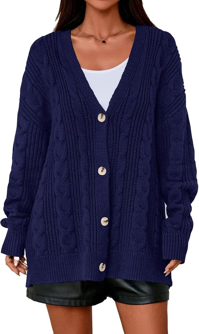 PRETTYGARDEN Womens Chunky Cardigan Sweaters 2025 Fall Oversized Cable Knit Long Sleeve Open Front Cardigans Winter Clothing (Blue, S)