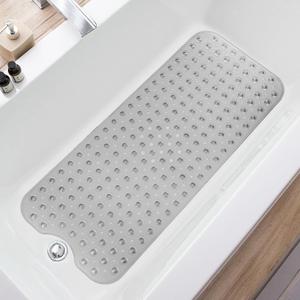 TEESHLY Bathtub Mats for Shower Tub, Extra Long Non-Slip 39 x 16 Inch Bath Mat with Drain Holes and Suction Cups, BathMat for Bathroom with Machine Washable (Clear Grey)