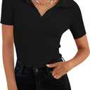 ZESICA Women's Short Sleeve V Neck T Shirts 2025 Summer Ribbed Knit Slim Fitted Basic Solid Color Tee Tops (Medium, Black)
