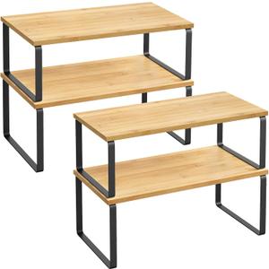 SONGMICS Cabinet Organizer Shelf, Set of 4 Kitchen Counter Shelves, Kitchen Storage, Spice Rack, Stackable, Expandable, Metal and Engineered Wood, Ink Black and Natural Beige UKCS210B01 (15.6"W)