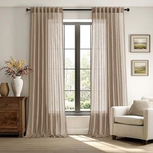 ANRODUO Taupe Linen Curtains 102 Inches Long 2 Panels Light Filtering Sheer Back Tab Rod Pocket Drapes Cotton Linen Textured Window Curtain 102 Inch Length for Bedroom Patio Sliding Glass Door