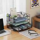 Marbrasse Desk Organizer and Accessories4-Tier Paper File Letter Tray Accessories & Workspace Desk Organizers with Drawer and 2 Pen Holders for School Home Office Supplies (Black)
