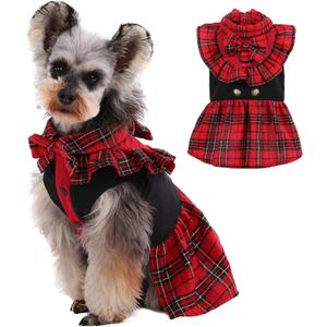 Kuoser Dog Classic Red Plaid Dress for Small Medium Dogs, Puppy Bowknot Tutu Dress with D-Ring Buckle, Cute Pet Vest Dog Princess Skirt for Wedding Holiday Party Photography Medium