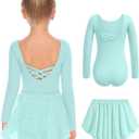 Zaclotre Girls Ballet Leotards Toddler Long Sleeve Crisscross Back Dance Dress Outfit with Removable Shiny Skirt Combo (6-8Y, Aqua Green)
