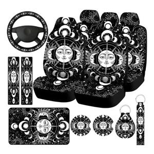 Riakrum 15 Pcs Moon Stars and Sun Seat Covers Full Set Thick Car Front and Back Seat Covers Steering Wheel Cover Seatbelt Strap Cover Armrest Pads Cup Mat Wrist Strap Key Chains for Auto Truck