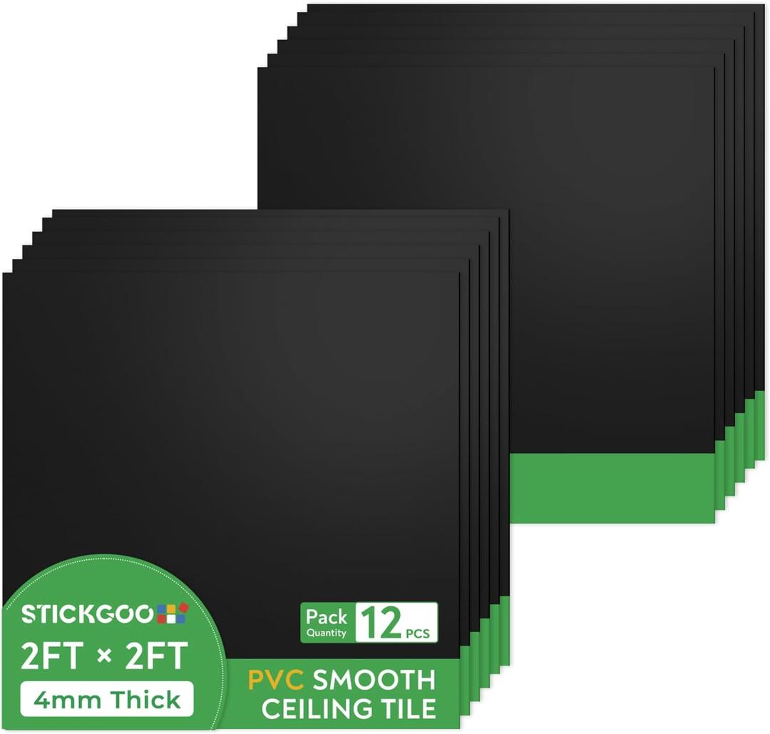 STICKGOO Black Drop Ceiling Tiles 2ft x 2ft, Waterproof PVC Ceiling Panels, Fire Resistant and Washable Smooth Ceilings Decor Coverings 24 x 24in - 12 Pack Cover 48 Sq. Ft