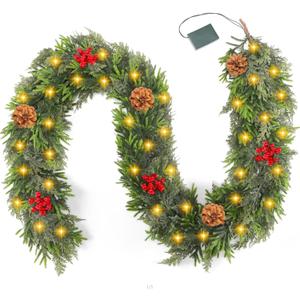 6FT Lighted Christmas Cedar Cypress Garland, Soft and Lush Pine Garland with 50 LEDs,Pre-lit Xmas Battery Operated with Timer for Outdoor Indoor Fireplace Mantle Stair Railings