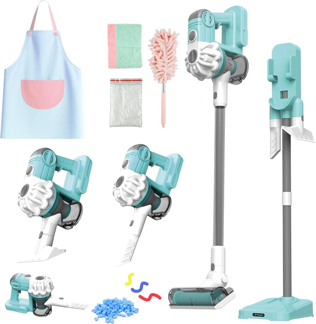 SMILESSKIDDO Kids Vacuum That Really Works - 3-in-1 Toy Vacuum with Real Suction, Apron, Cleaning Cloth, Duster & Colorful Beads, Toddler Cleaning Toy Set, Housekeeping Toy Gifts for Girls & Boys (Blue)