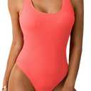Limeeke Women One Piece Swimsuit Solid Ribbed Monokini Swimwear Scoop Neck Low Back Bathing Suit (Small, Coral Pink)