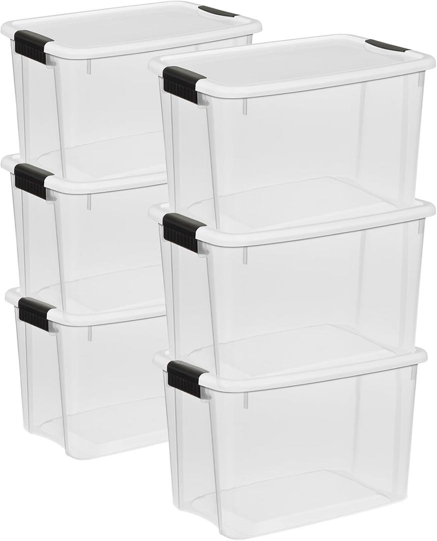 Sterilite 6-Pack 30 Quart Ultra Latch Box, Clear Storage Organizer Bins with Latching Lids - Stackable Plastic Containers for Home Organization in Garage, Attic, Basement, and Closet