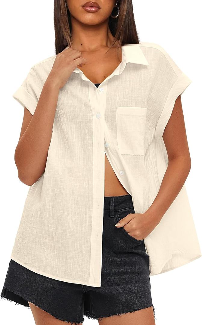 Darong Women's Button Down Cuffed Short Sleeve Shirts Cotton Casual 2025 Summer Loose Fit Blouse Top (Beige, M)
