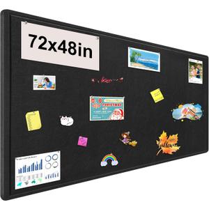 Large Bulletin Board, Foldable 72x48 Inches Cork Board Alternative, Large Felt Board Decorative Pin Board for Wall, Foldable Photo Board Self-Adhesive Vision Board with 36 Pushpins Black