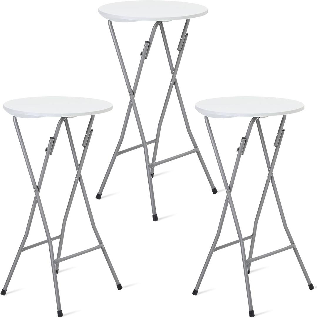 Hoteam 3 Pack Round Folding Table Round Cocktail Tables 23.6 x 44 Inch White High Top Table Portable Pub Bistro Highboy Furniture Table for Party, Backyard, Wedding, Indoor Outdoor Banquet, Events, 23.6 x 44 x 39.4 inches