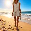 HVT Short Sets Women 2 Piece Outfits Button Down V Neck Vest Sleeveless Matching Sets with Pockets Shorts (Beige, S)
