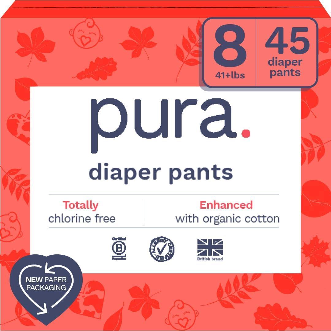 Pura Hypoallergenic Diaper Pants Size 8 (41+ lbs) Overnight, up to 12 Hours Leak Protection, Suitable for Sensitive Skin, Totally Chlorine Free, Soft Organic Cotton, 3 Packs of 15 (45 Pull Up Pants)