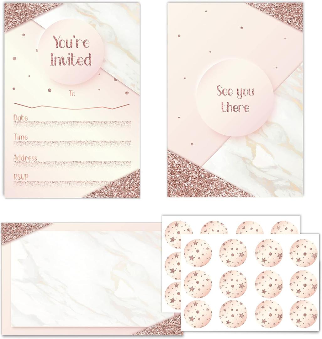 Decor365 12 Set Glitter Rose Gold Party Invitations Neutral Card with Envelops and Stickers Girls Birhtday Invites Wedding Invitates Sweet 16 Bridal Shower Anniversary Baby Shower Party Supplies
