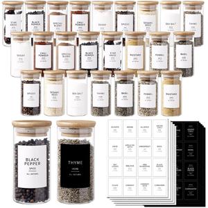 24 Pcs Glass Jars With 296 Spice Labels Preprinted of White and Black Color- 4oz Thicken(2.4mm) Empty Small Herb Seasoning Containers With Bamboo Airtight Lids