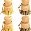 Bamboo Dish Brush Set, 4 Pcs Palm Wooden Dish Scrubber Brush, Dish Brushes, Durable Wood Dishes Scrub Brush, Natural Round Vegetable Cleaning Pots Pans Sink Washing Kitchen Brush by Aisuly (2p Palm+2p Sisal)