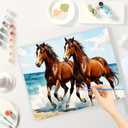 Animal Paint by Numbers Kit for Adults - DIY Brown Horses by Seaside Painting on Canvas, Acrylic Paint Set, Suitable for Beginners, Art for Home Decoration or Gifts(16X20IN Framed)
