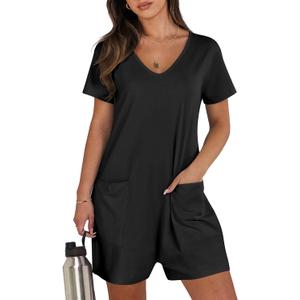 Women's Summer Casual Rompers Short Sleeve V Neck Loose Fit Jumpsuit 2025 Trendy One Piece Jumps With Pockets (Medium, Black)