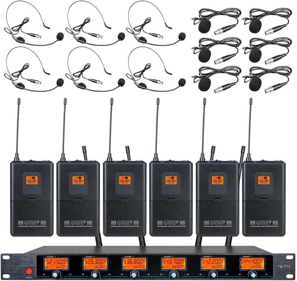 Wireless Microphone System 6 Channel Lavalier 6 Bodypacks Lapel Headsets Frequency B Wedding Party Meeting School Church Speaking Conference Meeting Classroom