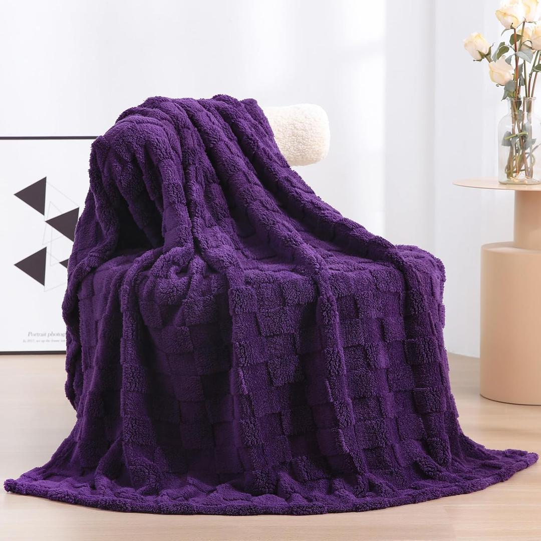Deep Purple Fleece Throw Blanket 50x60 for Couch Sofa Bed,Super Soft Cozy Plush Microfiber Flannel Blanket with 3D Checkered Design Lightweight for Adults,Woman,Girls
