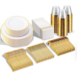 SUT 350 PCS Elegant White and Gold Disposable Dinnerware Set - Premium Dinner & Salad Plates, Cups, Napkins & Cutlery for 50 Guests - All-Inclusive Party Plastic Plates