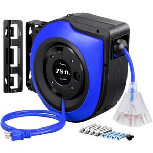 DEWENWILS Retractable Extension Cord Reel, 75 FT Heavy Duty Power Cord, 14/3C SJTOW Retractable Cord Reel, Lighted Triple Outlets, 10A Circuit Breaker, Wall/Ceiling Mount, UL Listed, Blue