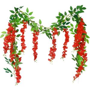 2 Pcs Wisteria Garland Artificial Flowers Wisteria Hanging Flowers Garland Red 12 Ft Fake Greenery Silk Hanging Flower Vines for Wedding Arch Party Baby Shower Outdoor Indoor Ceremony