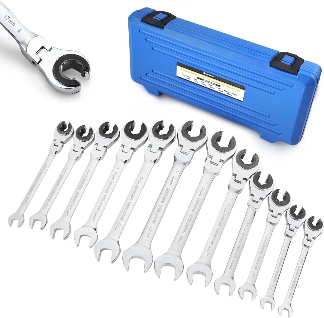 Anbull Ratcheting Wrench Set with Open Flex-head, 12PCS Metric (8-19mm) Combination Spanner with 72 Teeth, 180 Flex-head Tubing Ratchet Wrench Set