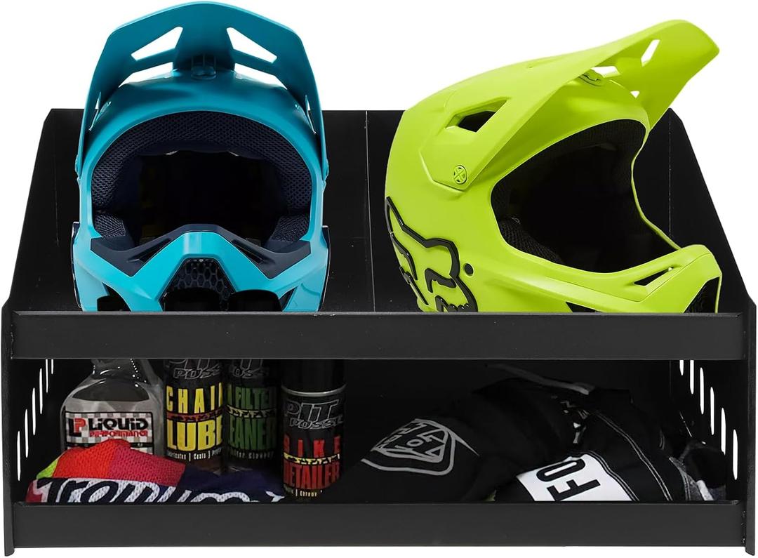 Helmet Tray, Aluminium Double Helmet Placement Rack, Triple Helmet Tray for Shops, Garages, Storerooms - Stores 3 Helmets - Gloves Goggles Jerseys, Sides for Hanging Clothes