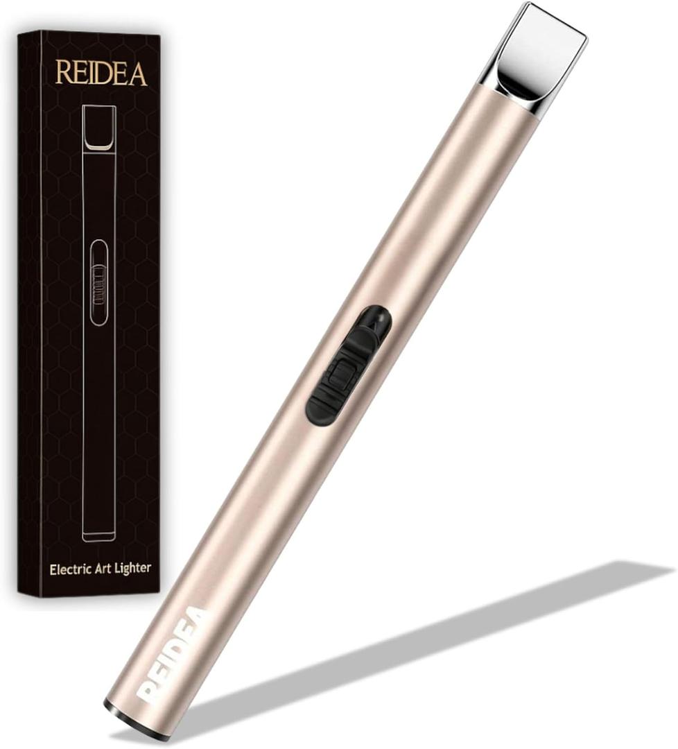 REIDEA Candle Lighter Electronic Arc Windproof Flameless USB Rechargeable Lighter with Safe Button for Home Kitchen, S4, Champagne Gold