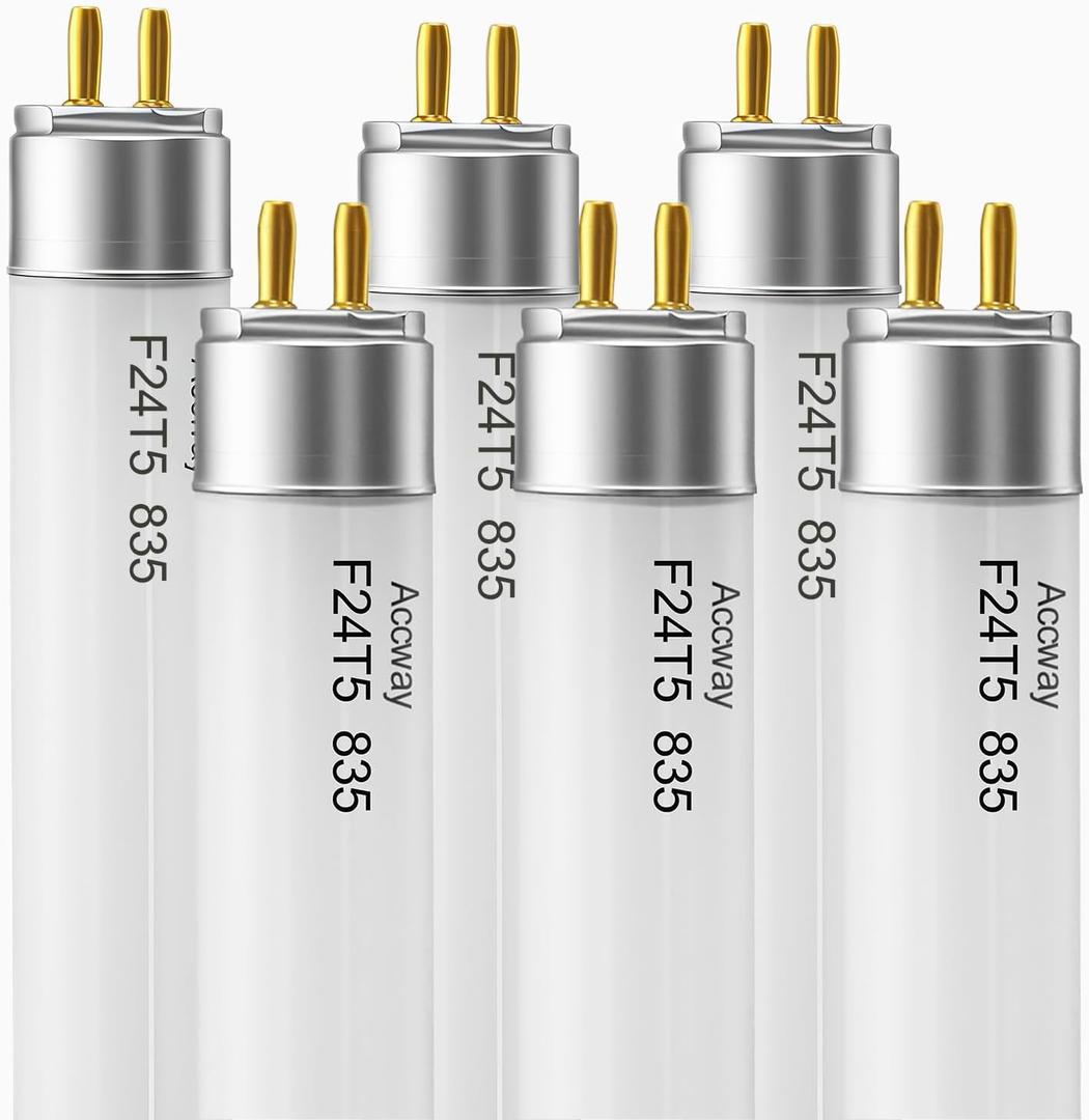 6 Pack F24T5/835/HO Fluorescent Light Bulb, 22 inch T5 Linear Tube 24W 3500K Soft Warm, 1800 Lumens High Output,86 CRI, G5 Mini Bi-Pi Base