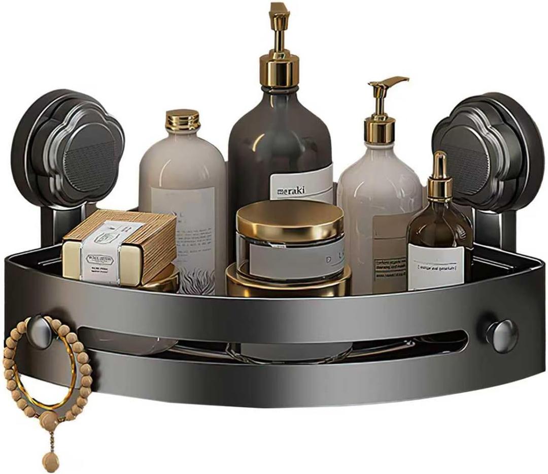 No-Drill Black Suction Corner Shower Caddy  Rustproof ABS Plastic Wall-Mounted Bathroom Organizer Rack, Space-Saving Shower Shelf