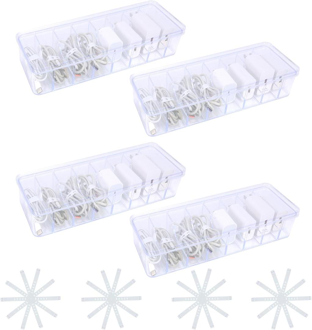 4pcs, Cord Storage Organizer, with 40 Straps, Cable Storage Organizer, Charger Organizer, Cord Organizer Box, Charging Cord Organizer, Cord Organizer Storage, Transparent Plastic Box with Lid